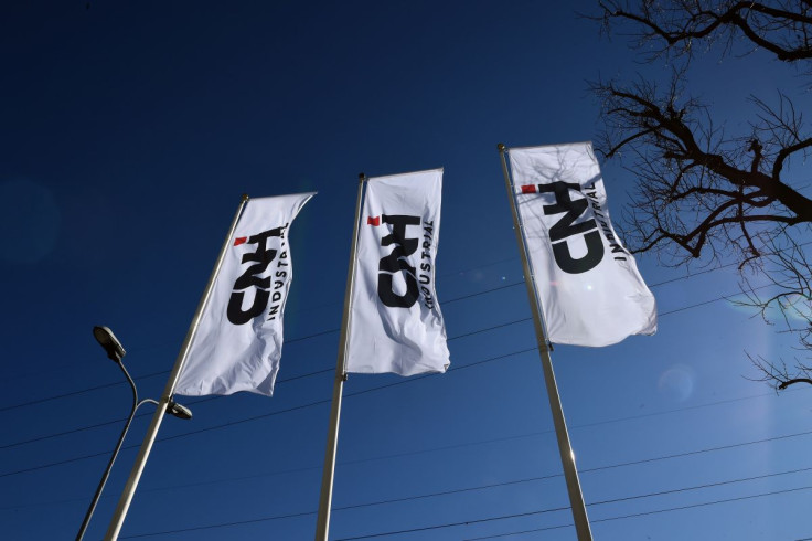 Flags with CNH Industrial logo are pictured outside CNH Industrial building in Turin, Italy, February 5, 2020.