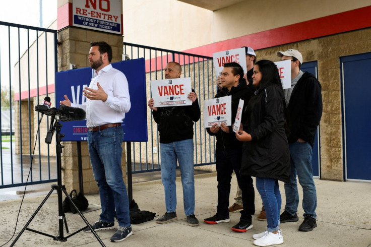 Republican U.S. senate candidate J.D. Vance speaks to members of the media at a polling location in Grove City, Ohio, U.S. May 3, 2022.