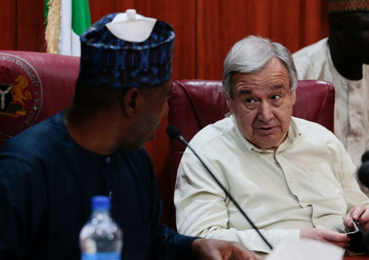 United Nations Secretary-General, Antonio Guterres speaks during a courtesy visit to Borno State Governor Babagana Zulum in Maiduguri, Nigeria, May 3, 2022. 