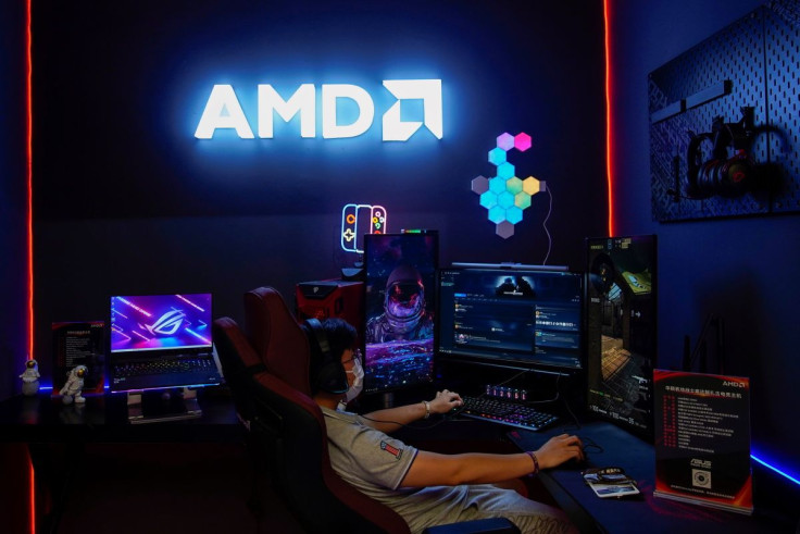 A sign of AMD is seen at the China Digital Entertainment Expo and Conference, also known as ChinaJoy, in Shanghai, China July 30, 2021. Picture taken July 30, 2021.