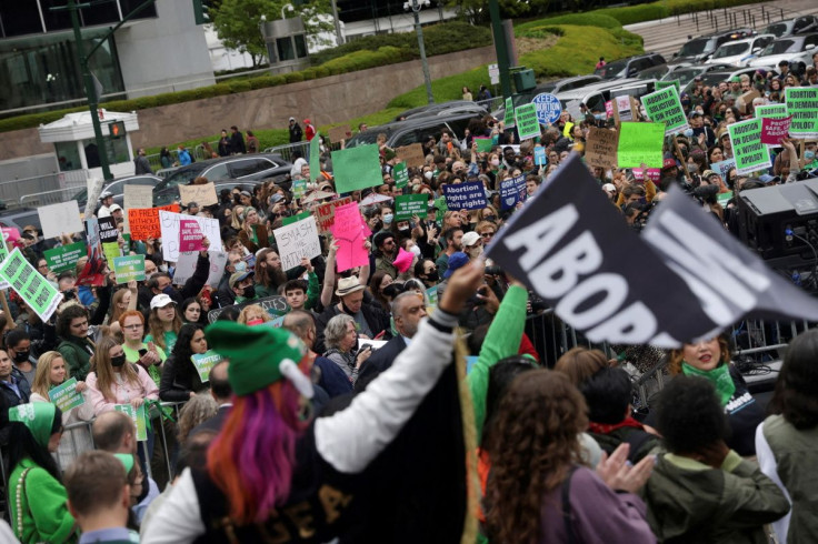 Pro-abortion demonstrators protest in Foley Square, after the leak of a draft majority opinion written by Justice Samuel Alito preparing for a majority of the court to overturn the landmark Roe v. Wade abortion rights decision later this year, in New York