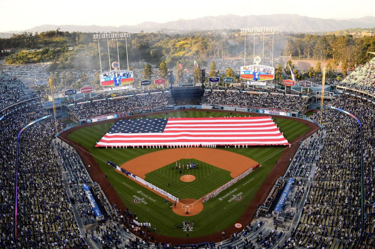 Apr 14, 2022; Los Angeles, California, USA; General view of pregame ceremonies before the Los Angeles Dodgers play against the Cincinnati Reds at Dodger Stadium. Mandatory Credit: Gary A. Vasquez-USA TODAY Sports 