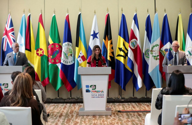 Panama's Foreign Minister Erika Mouynes speaks next to Belice's Foreign Minister Eamon Courtenay and High Representative of the European Union for Foreign Affairs and Security Policy Josep Borrell during a news conference after they attended a meeting wit
