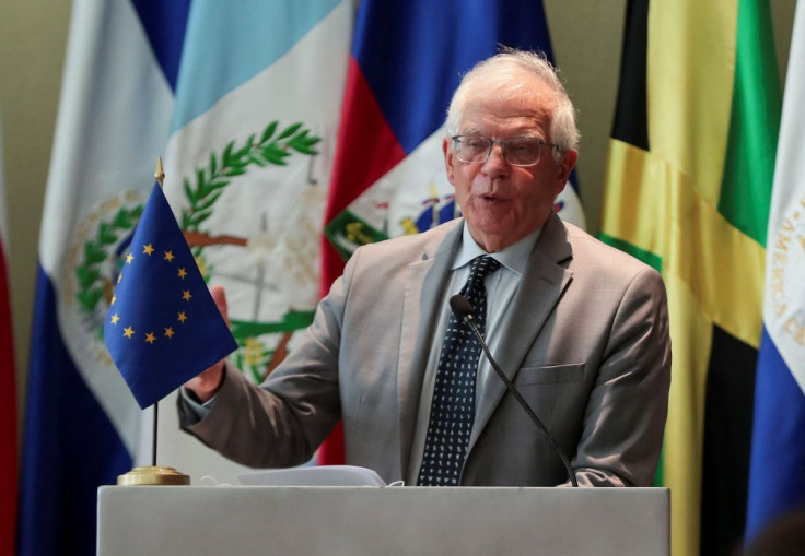 High Representative of the European Union for Foreign Affairs and Security Policy Josep Borrell speaks during a news conference after attending a meeting with foreign ministers from Central America and the Caribbean, amid Russian invasion in Ukraine, in P