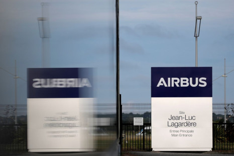 A logo of Airbus is seen at the entrance of the Jean-Luc Lagardere A380 production plant at Airbus headquarters in Blagnac, near Toulouse, France June 18, 2020. 