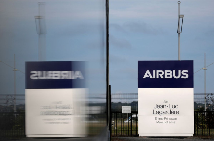 A logo of Airbus is seen at the entrance of the Jean-Luc Lagardere A380 production plant at Airbus headquarters in Blagnac, near Toulouse, France June 18, 2020. 