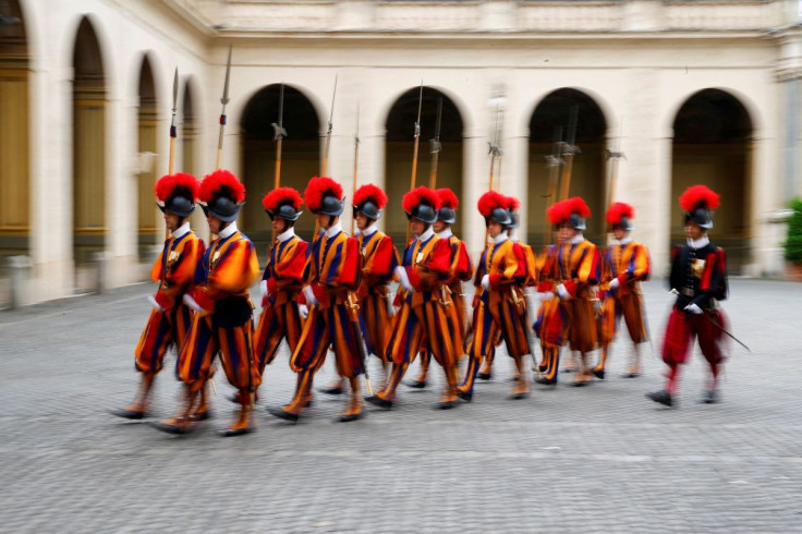 Swiss guards march at the Vatican June 4, 2018.