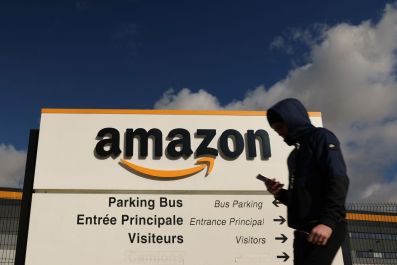 The Amazon logo is seen at the company's logistics centre in Boves, France, February 11, 2022. 