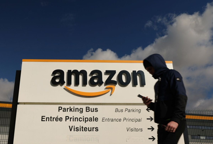 The Amazon logo is seen at the company's logistics centre in Boves, France, February 11, 2022. 