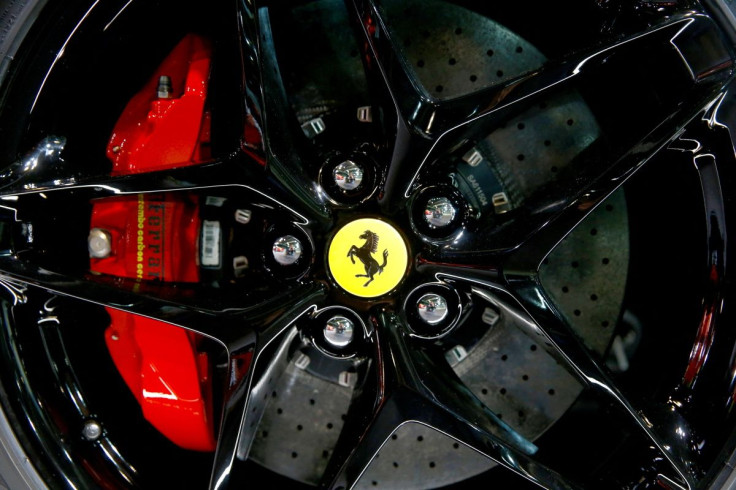 The company's logo is seen on a wheel hub of a Ferrari SF90 Stradale hybrid sports car during a media preview at the Auto Zurich Car Show in Zurich, Switzerland November 3, 2021. 