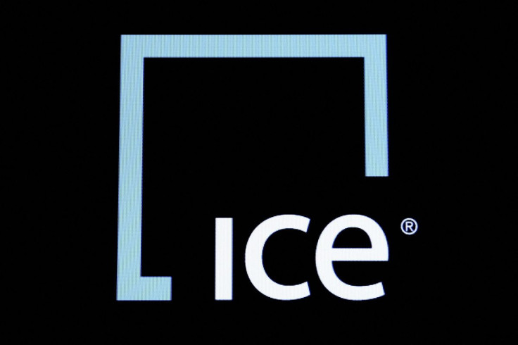 A screen displays the ticker symbol and logo for Intercontinental Exchange Inc. (ICE) on the floor of the New York Stock Exchange (NYSE), March 1, 2016.
