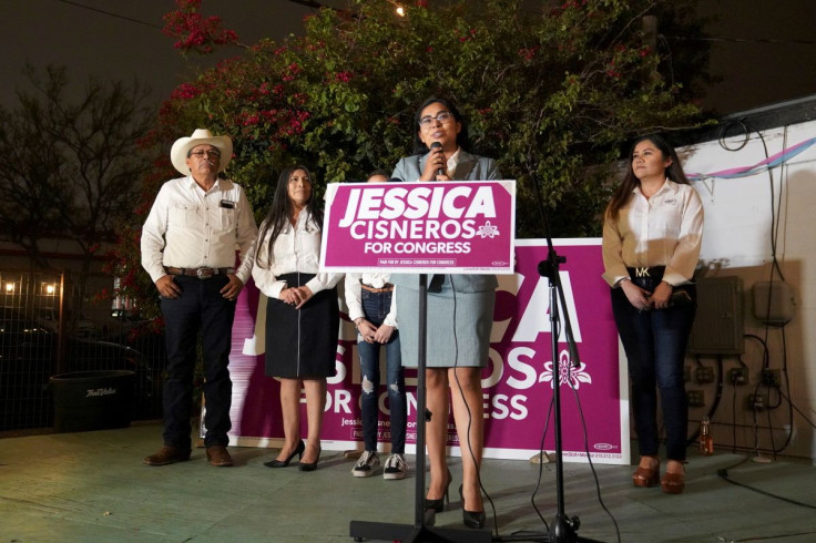 Democrat Jessica Cisneros, who is campaigning for a House seat, speaks during her watch party in Laredo, Texas, U.S. March 3, 2020. 