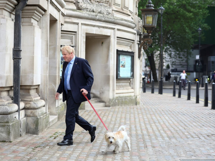 British Prime Minister Boris Johnson arrives with his dog Dilyn to vote at a polling station during the local elections, in London, Britain May 5, 2022. 