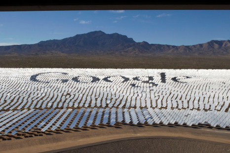 The Google logo is spelled out in heliostats (mirrors that track the sun and reflect the sunlight onto a central receiving point) during a tour of the Ivanpah Solar Electric Generating System in the Mojave Desert near the California-Nevada border February