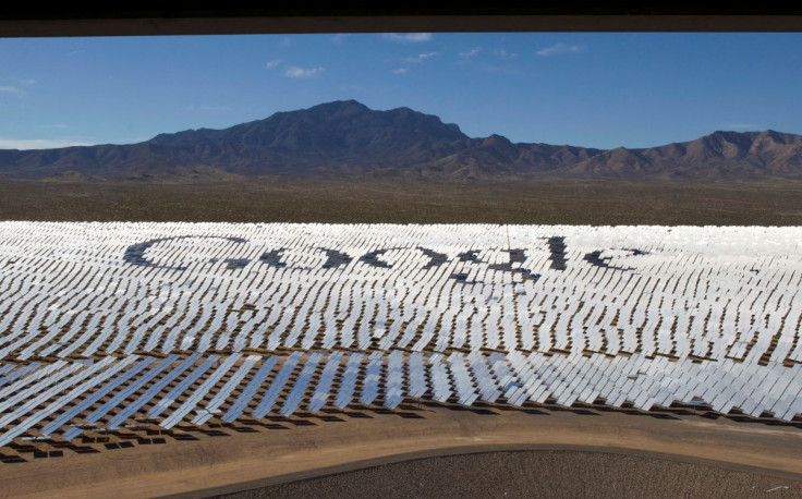 The Google logo is spelled out in heliostats (mirrors that track the sun and reflect the sunlight onto a central receiving point) during a tour of the Ivanpah Solar Electric Generating System in the Mojave Desert near the California-Nevada border February