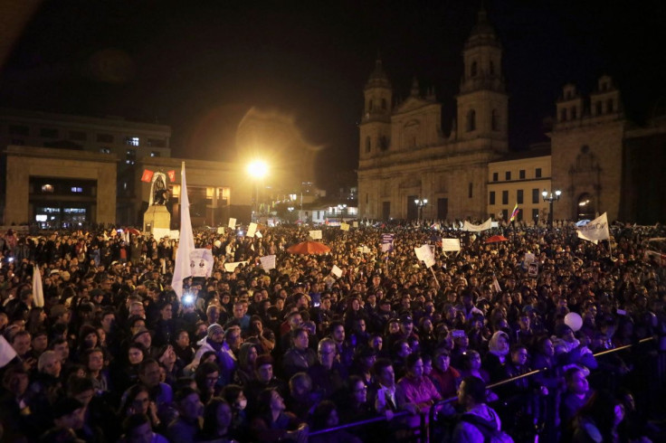 People gather for a protest against the killing of social activists, at the Plaza de Bolivar in Bogota, Colombia July 26, 2019.