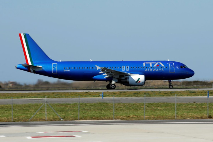 A new state-owned Italian carrier Italia Trasporto Aereo plane with the new blue livery is seen at Fiumicino airport before a news conference to present the aircraft's new fleet, in Rome, Italy, March 1, 2022. 