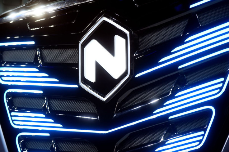 U.S. Nikola's logo is pictured at an event held to present CNH's new full-electric and Hydrogen fuel-cell battery trucks in partnership with U.S. Nikola event in Turin, Italy, December 3, 2019.