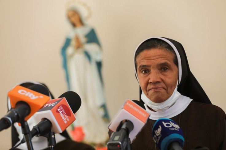 Colombian nun Gloria Cecilia Narvaez reacts as she speaks with the press after her release by a jihadist group that had kidnapped her in Mali since 2017, in Bogota, Colombia November 19, 2021.