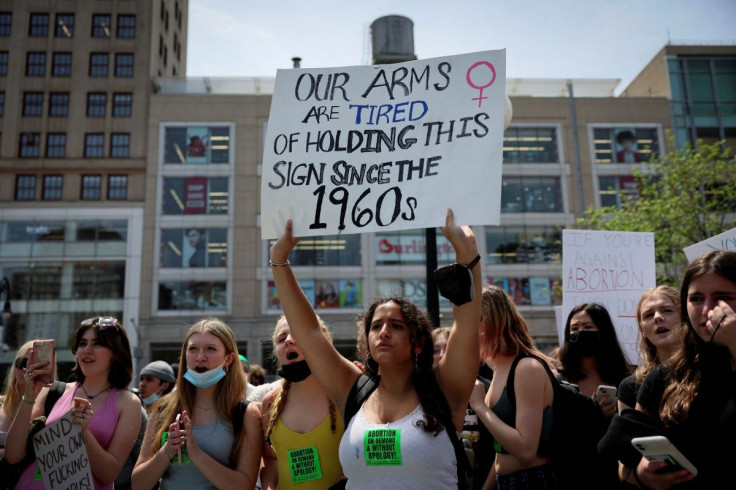 Students and others protest for abortion rights in Union Square, after the leak of a draft majority opinion written by Justice Samuel Alito preparing for a majority of the court to overturn the landmark Roe v. Wade abortion rights decision later this year