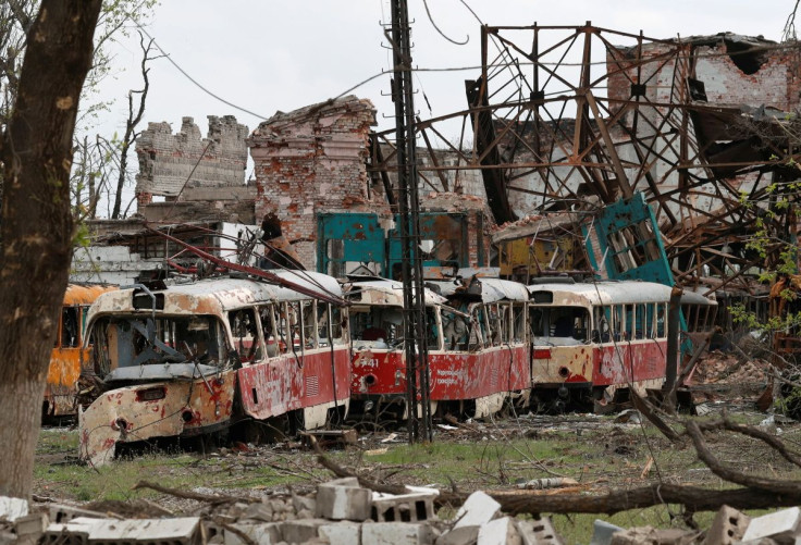 Destroyed trams are seen in a depot during Ukraine-Russia conflict in the southern port city of Mariupol, Ukraine May 5, 2022. Picture taken May 5, 2022. 
