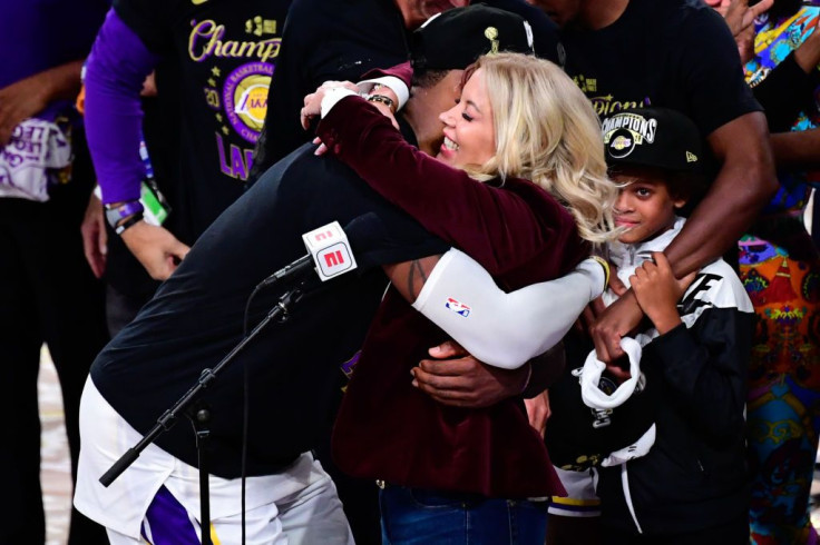 LeBron James #23 and owner Jeanie Buss of the Los Angeles Lakers 