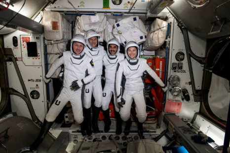 The four commercial crew astronauts representing NASAâs SpaceX Crew-3 mission are pictured in their Dragon spacesuits for a fit check aboard the International Space Station's Harmony module on April 21, 2022. From left, are ESA (European Space Agency) a