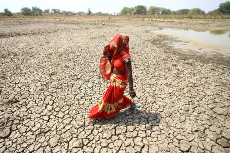 A woman walks on the bottom of a dried pond on a hot day in Mauharia village in the northern state of Uttar Pradesh, India, May 4, 2022. Picture taken May 4, 2022. 