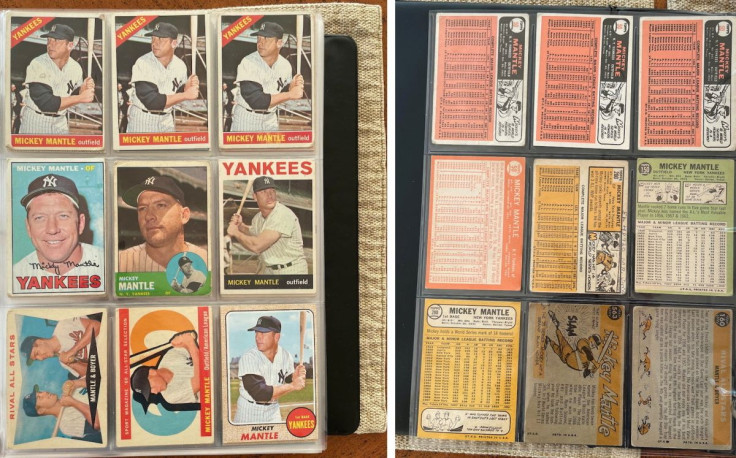 A combination image shows the front and back of a childhood collection of 1960s baseball cards of New York Yankees outfielder Mickey Mantle that were recently sold at auction, in Hoboken, New Jersey, U.S., November 9, 2021. Picture taken November 9, 2021.