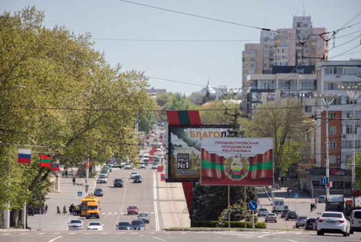 The coat of arms of Transdniestria is depicted on a banner in central Tiraspol, in Moldova's breakaway region of Transdniestria May 5, 2022. 