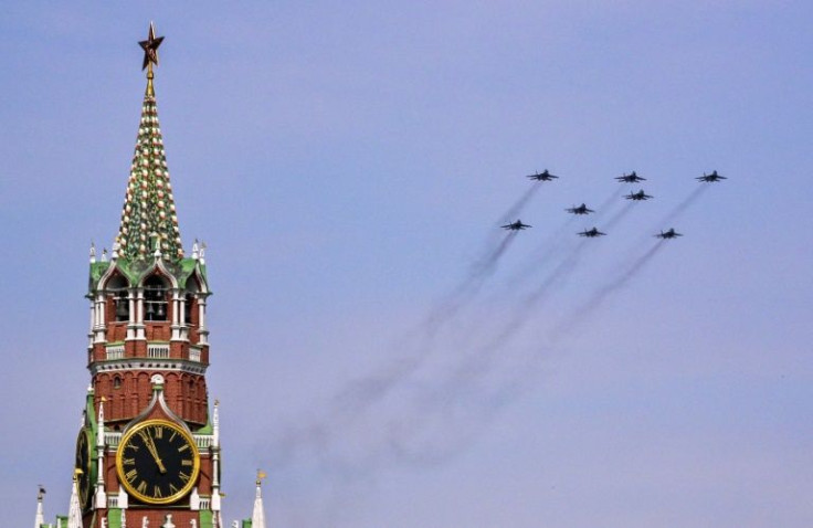 Rehearsing for Monday's Victory Day show of force, Russian MiG-29SMT jet fighters forming the symbol "Z" in support of military action in Ukraine