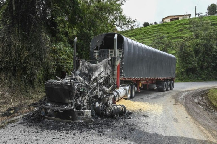 A truck burned by members of the Gulf Clan in Antioquia department