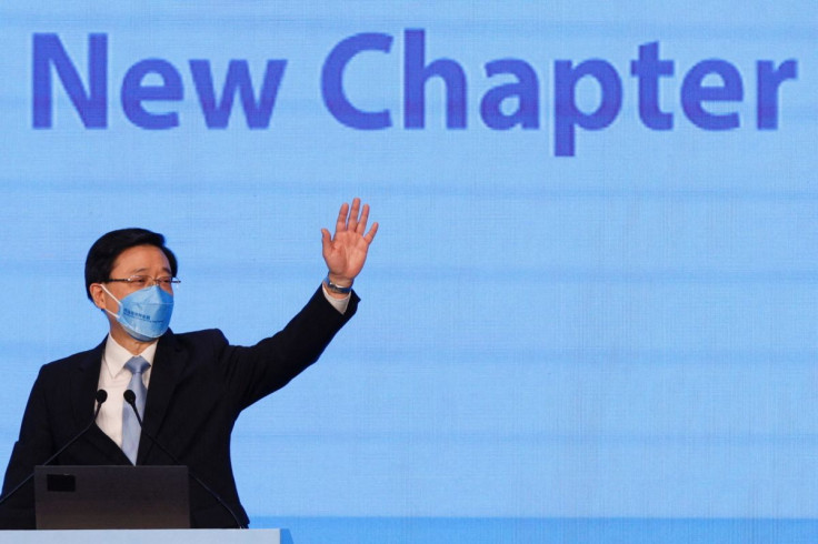 Hong Kong sole Chief Executive candidate John Lee holds a campaign rally, in Hong Kong, China, May 6, 2022. 