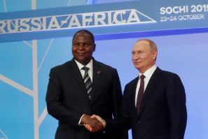 Touadera with Russian President Vladimir Putin at a Russia-Africa summit in Sochi in October 2019