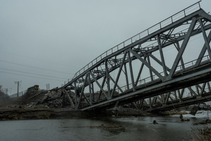 A view shows a railway bridge over the Irpin river destroyed by heavy shelling, as Russia's attack on Ukraine continues, in the town of Irpin, in Kyiv region, Ukraine March 29, 2022. Picture taken March 29, 2022. 