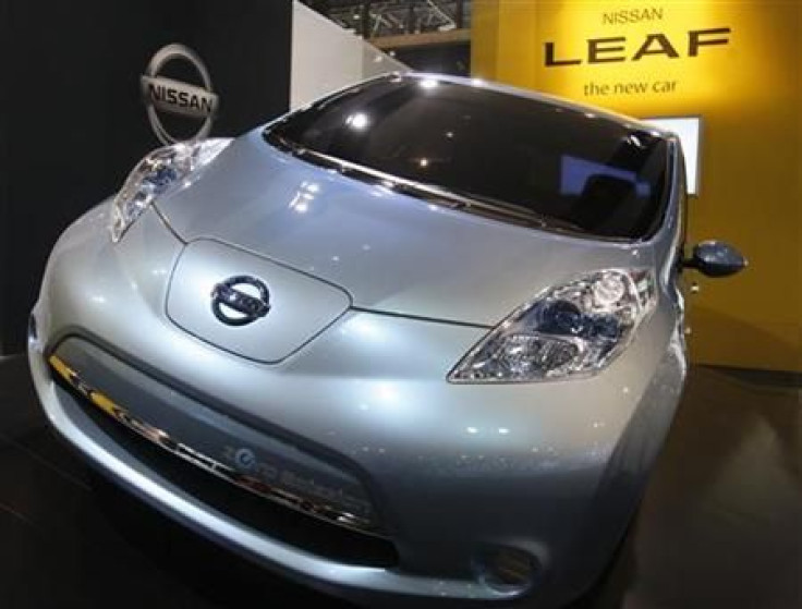 The Nissan Leaf is on display at the New York International Auto Show in New York