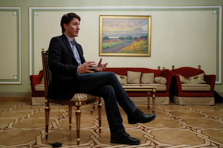 Canadian Prime Minister Justin Trudeau speaks during an interview with Reuters, as Russia's attack on Ukraine continues, in Kyiv, Ukraine May 8, 2022.