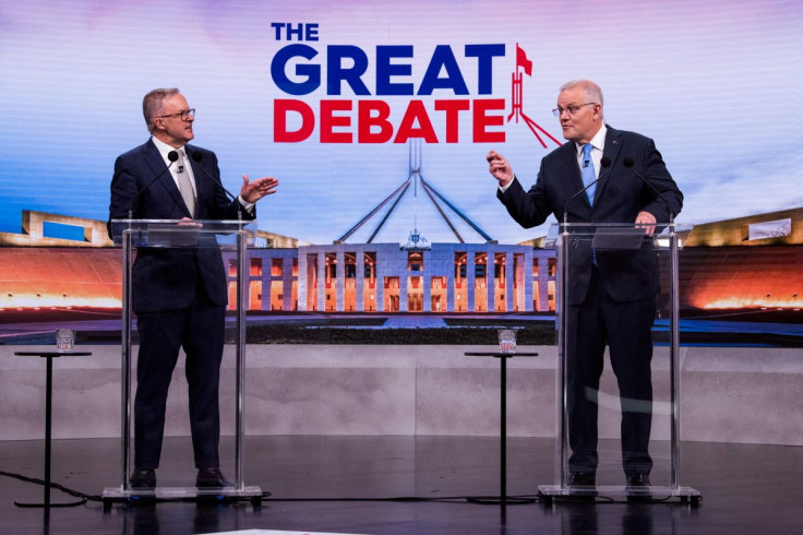 Australian incumbent Prime Minister Scott Morrison and Opposition Leader Anthony Albanese debate on live television ahead of the 2022 federal election, in Sydney, Australia May 8, 2022. James Brickwood/Pool via REUTERS