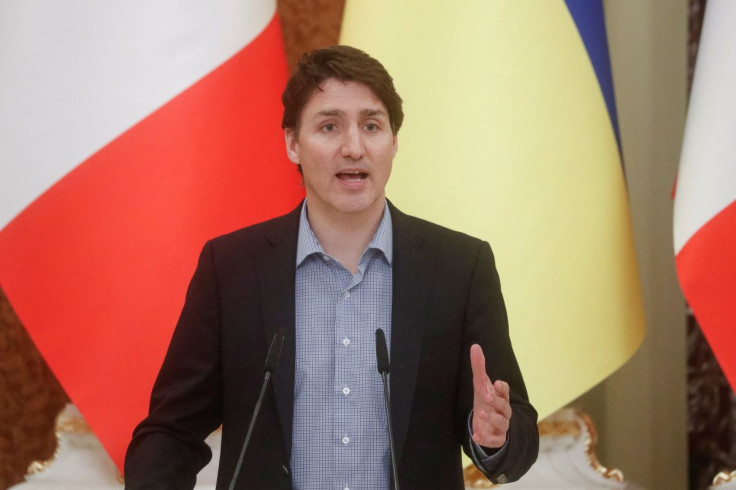 Canadian Prime Minister Justin Trudeau speaks during a news conference with Ukraine's President Volodymyr Zelenskiy (not pictured), as Russia's attack on Ukraine continues, in Kyiv, Ukraine May 8, 2022.