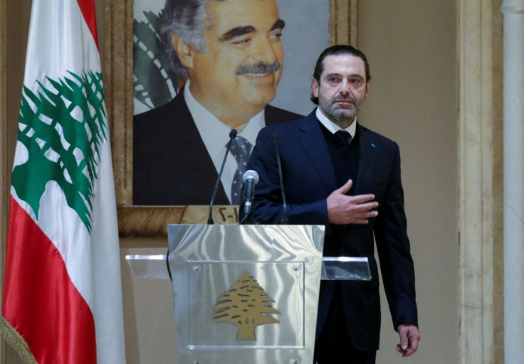 Lebanon's leading Sunni Muslim politician and Former Prime Minister Saad Hariri gestures during a speech in Beirut, Lebanon January 24, 2022. 