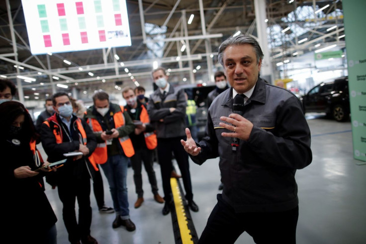Renault Chief Executive Officer Luca de Meo speaks during a news conference as part of a visit to present the Re-Factory, a second-hand vehicles' factory, in Flins, France, November 30, 2021.