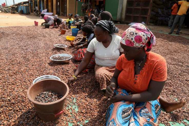 Women prepare cocoa beans next to a warehouse in Soubre, Ivory Coast January 9, 2021. Picture taken January 9, 2021.