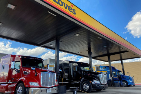 Trucks get refueled at a rest stop providing essential food and hygiene services to truckers who continue to work amid the coronavirus disease (COVID-19) outbreak, in Las Vegas, New Mexico, U.S. March 23, 2020. Picture taken March 23, 2020.  