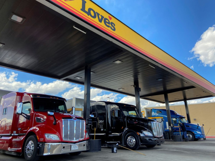 Trucks get refueled at a rest stop providing essential food and hygiene services to truckers who continue to work amid the coronavirus disease (COVID-19) outbreak, in Las Vegas, New Mexico, U.S. March 23, 2020. Picture taken March 23, 2020.  