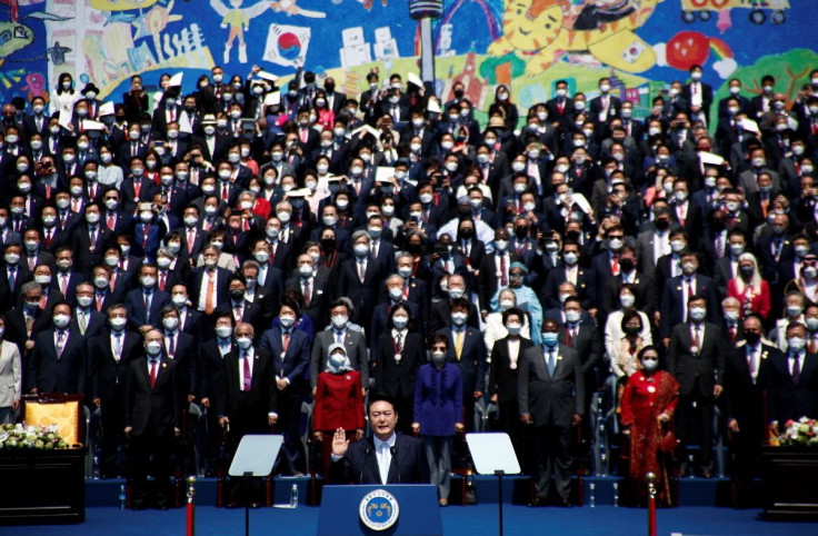 South Korean President Yoon Suk-yeol takes an oath during his inauguration in front of the National Assembly in Seoul, South Korea, May 10, 2022. Jeon Heon-Kyun /Pool via REUTERS