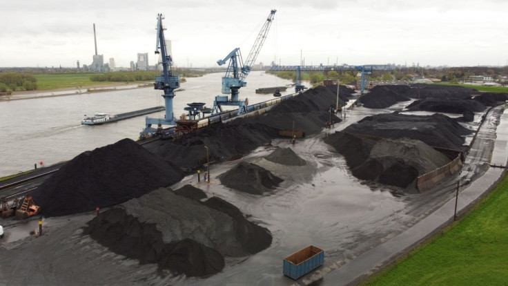 An aerial view shows coal at a dry bulk terminal of German Rheinberg-Orsoy harbor along Europeâs most important shipping way Rhine in Rheinberg near Duisburg, Germany, April 6, 2022. Picture taken with a drone.