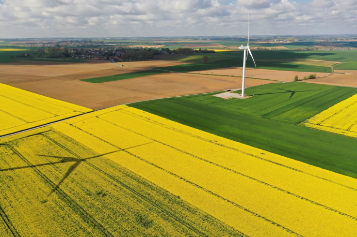An aerial view shows a power-generating windmill turbine in the middle of rapeseed fields, in Saint-Hilaire-lez-Cambrai, France, May 7, 2021. Picture taken with a drone.
