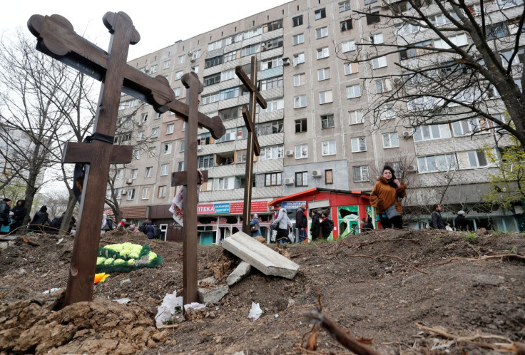 A view shows graves of civilians killed during Ukraine-Russia conflict in the southern port city of Mariupol, Ukraine April 19, 2022.