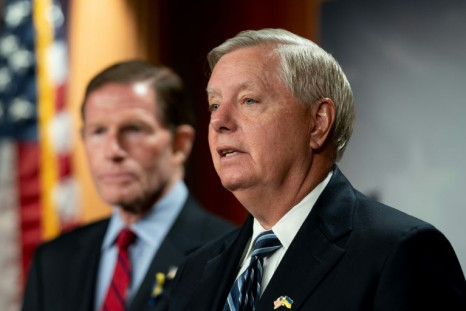 US senators Lindsey Graham (right) and Senator Richard Blumenthal hold a news conference on declaring Russia as a state sponsor of terrorism on May 10, 2022
