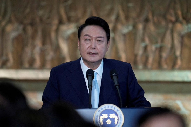 South Koreaâs new President Yoon Suk Yeol speaks during the 20th Presidential inaugural reception at the National Assembly in Seoul, South Korea May 10, 2022. Lee Jin-man/Pool via 